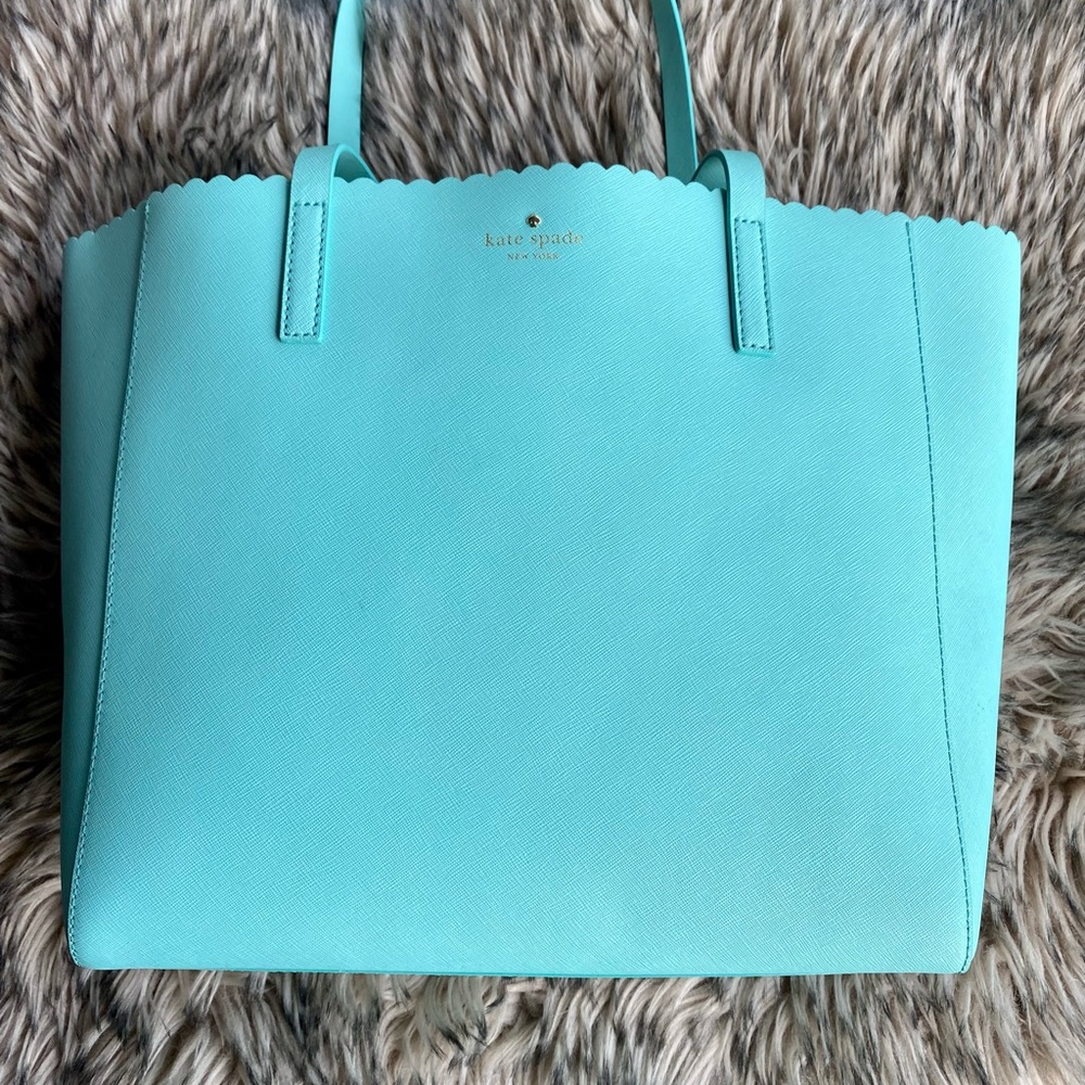 NEW Kate Spde turquoise leather tote scalloped design fits laptop